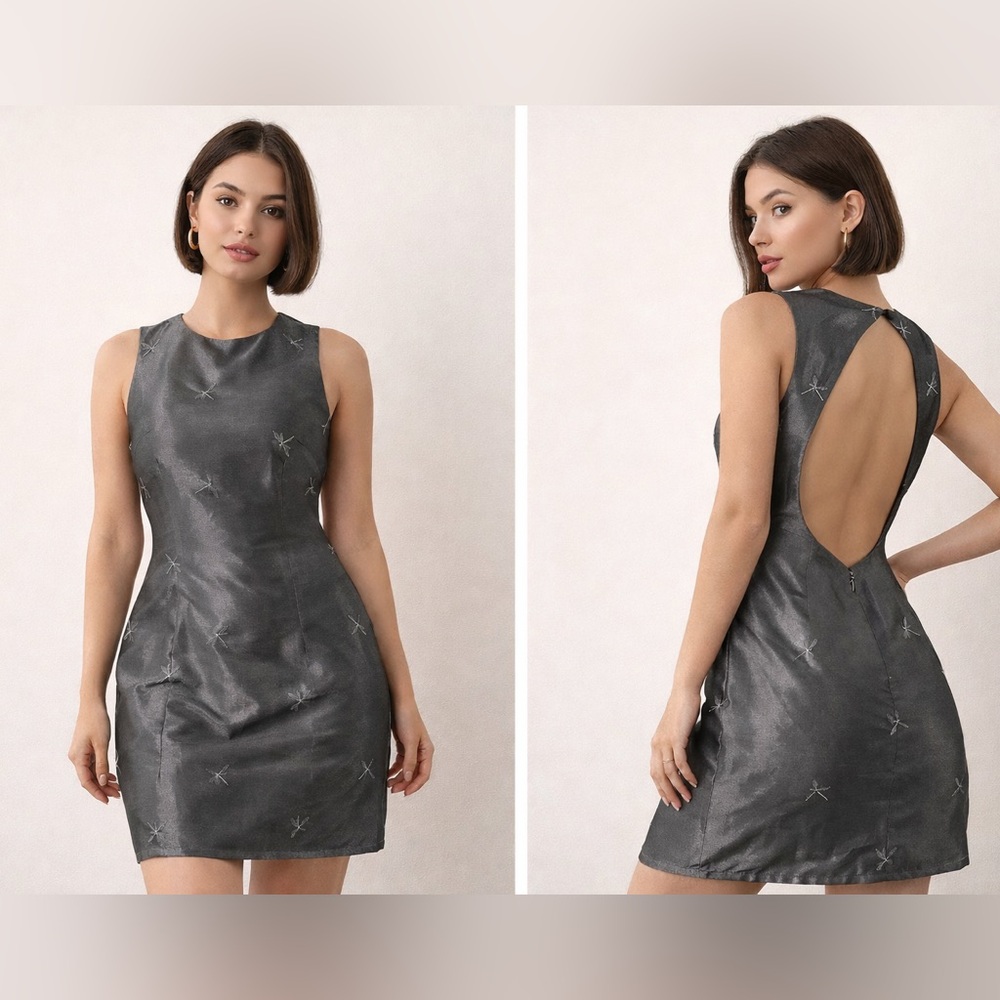 Laundry By Shelli Segal Vintage Metallic Gray Cutout Dragonfly Dress Sz.‎ 8